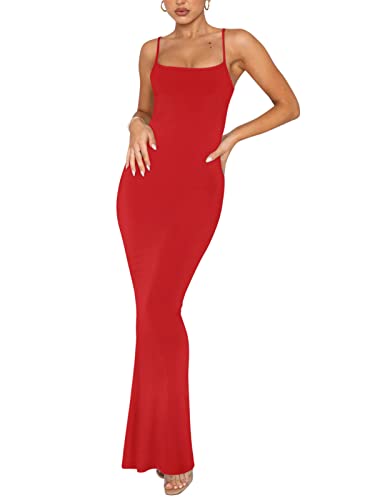 REORIA Damen Sexy Lounge Slip Langes Kleid Elegantes Hochzeitsgast ärmelloses rückenfreies Geripptes figurbetontes Maxikleid Rot S von REORIA