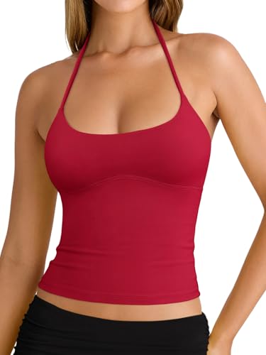 REORIA Damen Sexy Neckholder Tanktop mit Rückenfrei und Doppelt Gefüttert Y2k Trendy Camisole Crop Tops Rot S REORIA Damen Sexy Neckholder Tanktop mit Rückenfrei und Doppelt Gefüttert Y2k Trendy Camisole Crop Tops Rot S von REORIA