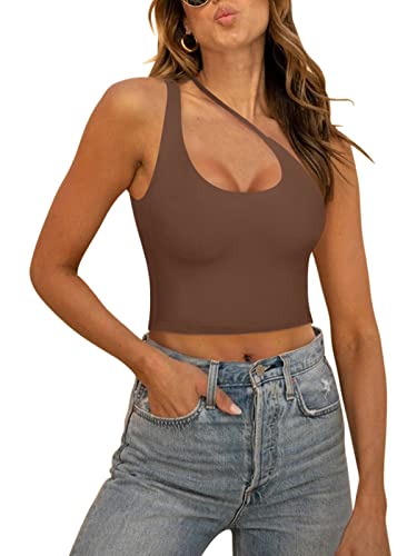 REORIA Damen Sexy One Shoulder Ausschnitt rückenfrei ärmellos zum Ausgehen trendiges Crop Tanktop Kaffee M von REORIA