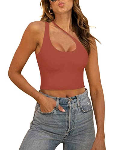 REORIA Damen Sexy One Shoulder Ausschnitt rückenfrei ärmellos zum Ausgehen trendiges Crop Tanktop Rostiges Rot XXL von REORIA