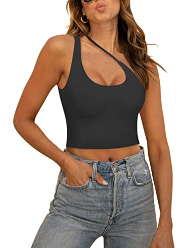 REORIA Damen Sexy One Shoulder Ausschnitt rückenfrei ärmellos zum Ausgehen trendiges Crop Tanktop Schwarz M von REORIA