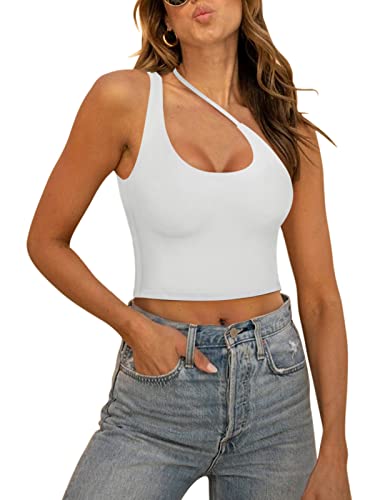 REORIA Damen Sexy One Shoulder Ausschnitt rückenfrei ärmellos zum Ausgehen trendiges Crop Tanktop Weiß L von REORIA