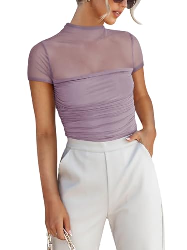REORIA Damen Sexy Rollkragenpullover kurzärmelig durchsichtiges Netz gerüscht modisch Ausgehen Bodys Tops Hazy Lilac L REORIA Damen Sexy Rollkragenpullover kurzärmelig durchsichtiges Netz gerüscht modisch Ausgehen Bodys Tops Hazy Lilac L von REORIA