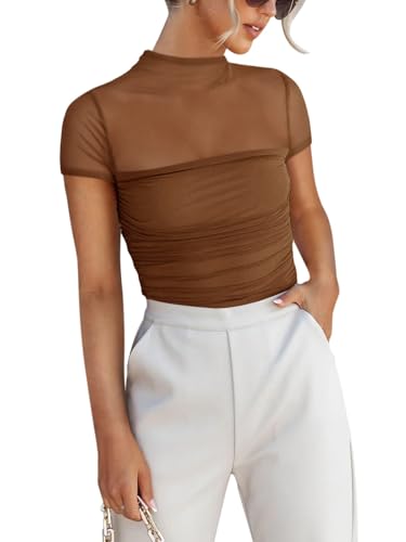 REORIA Damen Sexy Rollkragenpullover kurzärmelig durchsichtiges Netz gerüscht modisch Ausgehen Bodys Tops Kaffee XXL REORIA Damen Sexy Rollkragenpullover kurzärmelig durchsichtiges Netz gerüscht modisch Ausgehen Bodys Tops Kaffee XXL von REORIA
