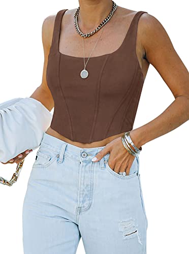 REORIA Damen Sexy Square Neck Ärmellos Trendy Night Club Cropped Tank Top Niedlich Ausgehen Bustier Korsett Crop Tops Kaffee XX-Large von REORIA