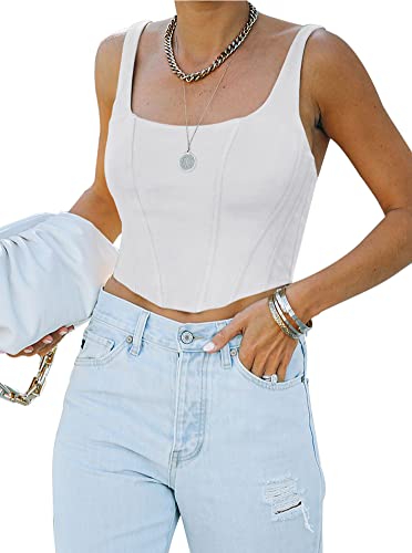 REORIA Damen Sexy Square Neck Ärmellos Trendy Night Club Cropped Tank Top Niedlich Ausgehen Bustier Korsett Crop Tops Weiß Large von REORIA