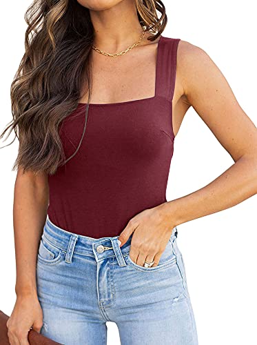 REORIA Damen Sexy Square Neck Ärmellose Tanktops Bodysuits Stretchy Leotard Clubwear Burgund X-Small von REORIA