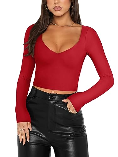 REORIA Damen Sexy T Shirts mit V Ausschnitt und Langen Ärmeln schmal geschnitten Kurze T Shirts Herbstmode Ausgehen Party niedliche Crop Tops Übergröße Rot X Large von REORIA