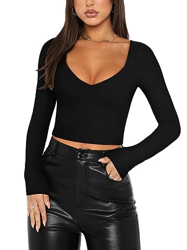 REORIA Damen Sexy T Shirts mit V Ausschnitt und Langen Ärmeln schmal geschnitten Kurze T Shirts Herbstmode Ausgehen Party niedliche Crop Tops Übergröße Schwarz X Large von REORIA