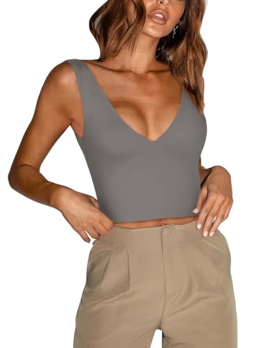 REORIA Damen Sexy Tanktops mit tiefem Ausschnitt und tiefem V-Ausschnitt ärmellos V-Ausschnitt rückenfrei schmale Passform Crop Tops zum Ausgehen Dunkelgrau XL von REORIA