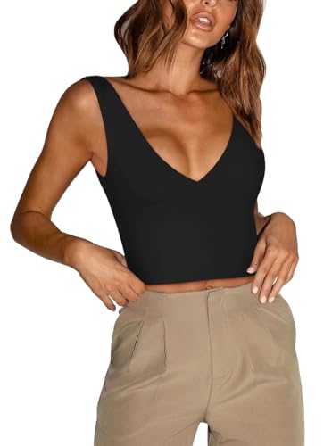 REORIA Damen Sexy Tanktops mit tiefem Ausschnitt und tiefem V-Ausschnitt ärmellos V-Ausschnitt rückenfrei schmale Passform Crop Tops zum Ausgehen Schwarz M von REORIA