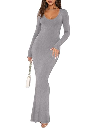 REORIA Damen Sexy U-Ausschnitt Langarm Lounge Langes Kleid Gerippte figurbetonte Maxikleider Hellgrau L von REORIA