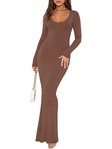 REORIA Damen Sexy U-Ausschnitt Langarm Lounge Langes Kleid Gerippte figurbetonte Maxikleider Kaffee S von REORIA