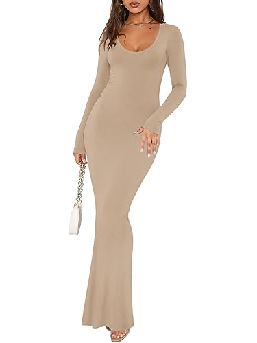 REORIA Damen Sexy U-Ausschnitt Langarm Lounge Langes Kleid Gerippte figurbetonte Maxikleider Khaki M von REORIA