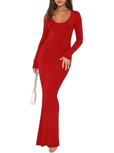 REORIA Damen Sexy U-Ausschnitt Langarm Lounge Langes Kleid Gerippte figurbetonte Maxikleider Rot M von REORIA