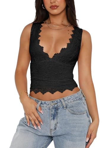 REORIA Damen Sexy V-Ausschnitt Crop Top ärmellos doppelt gefüttert Y2K Ausgehen Tanktop mit Spitze Schwarz XXL REORIA Damen Sexy V-Ausschnitt Crop Top ärmellos doppelt gefüttert Y2K Ausgehen Tanktop mit Spitze Schwarz XXL von REORIA