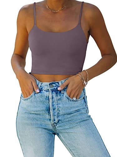 REORIA Damen Sommer Basic Ärmellos Verstellbarer Spaghettiträger Cami Camisole Tailliertes Nahtloses Yoga Cropped Tank Niedliche Crop Tops für Teenager Mädchen Grau Lila Groß von REORIA