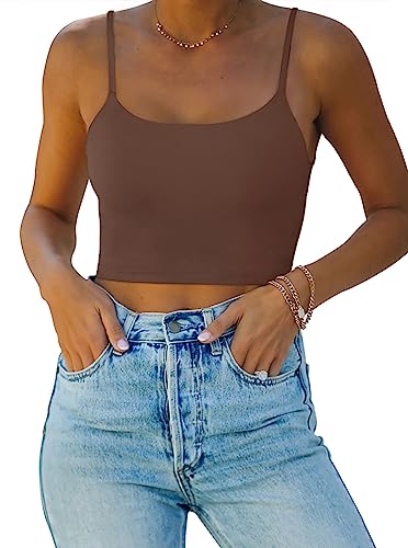 REORIA Damen Sommer Basic Ärmellos Verstellbarer Spaghettiträger Cami Camisole Tailliertes Nahtloses Yoga Cropped Tank Niedliche Crop Tops für Teenager Mädchen Kaffee Groß von REORIA