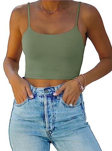 REORIA Damen Sommer Basic Ärmellos Verstellbarer Spaghettiträger Cami Camisole Tailliertes Nahtloses Yoga Cropped Tank Niedliche Crop Tops für Teenager Mädchen Olivgrün Groß von REORIA