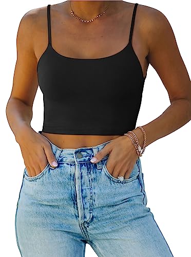 REORIA Damen Sommer Basic Ärmellos Verstellbarer Spaghettiträger Cami Camisole Tailliertes Nahtloses Yoga Cropped Tank Niedliche Crop Tops für Teenager Mädchen Schwarz Groß von REORIA