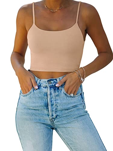 REORIA Damen Sommer Basic Ärmellos Verstellbarer Spaghettiträger Cami Camisole Tailliertes Nahtloses Yoga Cropped Tank Niedliche Crop Tops für Teenager Mädchen Skin Medium von REORIA