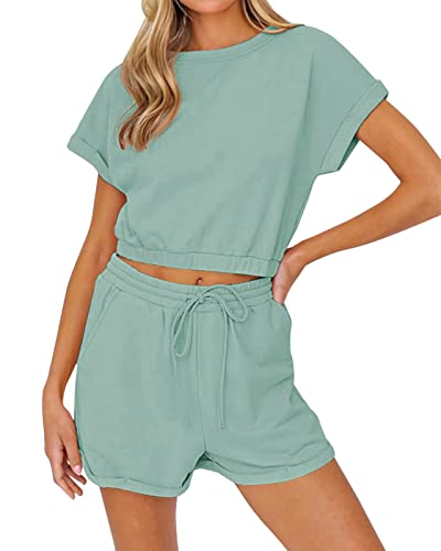 REORIA Damen Sommer Kurzarm Tank Top und Shorts Loungewear Sweatsuit Outfits Pyjama Set Trainingsanzüge Grün Grau XXL von REORIA