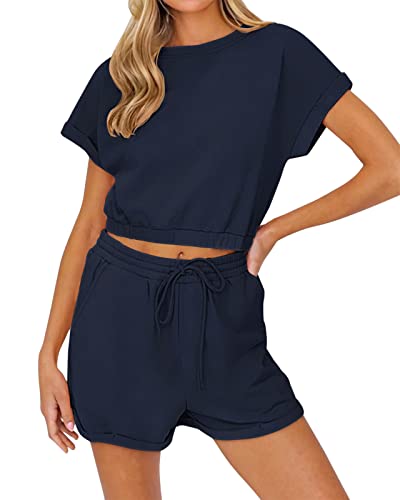 REORIA Damen Sommer Kurzarm Tank Top und Shorts Loungewear Sweatsuit Outfits Pyjama Set Trainingsanzüge Marineblau XXL von REORIA