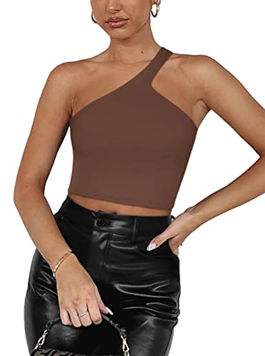 REORIA Damen Sommer Sexy Casual Eine Schulter Doppelt Gefüttert Nahtlos Rückenfrei Ärmellos Kurz Tank Ausgehen Trendige Niedliche Crop Tops Kaffee Medium von REORIA