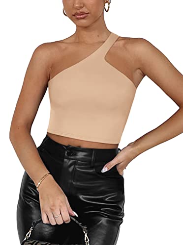 REORIA Damen Sommer Sexy Casual Eine Schulter Doppelt Gefüttert Nahtlos Rückenfrei Ärmellos Kurz Tank Ausgehen Trendige Niedliche Crop Tops Nude Medium von REORIA