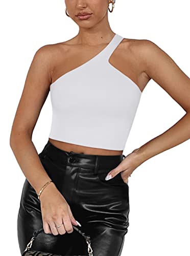 REORIA Damen Sommer Sexy Casual Eine Schulter Doppelt Gefüttert Nahtlos Rückenfrei Ärmellos Kurz Tank Ausgehen Trendige Niedliche Crop Tops Plus Size Weiß X-Large von REORIA