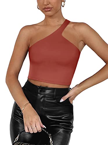 REORIA Damen Sommer Sexy Casual Eine Schulter Doppelt Gefüttert Nahtlos Rückenfrei Ärmellos Kurz Tank Ausgehen Trendige Niedliche Crop Tops Rostrot Large von REORIA