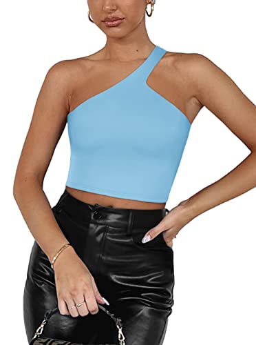 REORIA Damen Sommer Sexy Casual Eine Schulter Doppelt Gefüttert Nahtlos Rückenfrei Ärmellos Kurz Tank Ausgehen Trendige Niedliche Crop Tops Übergröße Himmelblau 2X-Groß von REORIA