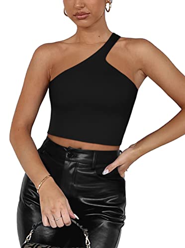 REORIA Damen Sommer Sexy Casual Eine Schulter Doppelt Gefüttert Nahtlos Rückenfrei Ärmellos Kurz Tank Ausgehen Trendige Niedliche Crop Tops Übergröße Schwarz 2X-Groß von REORIA