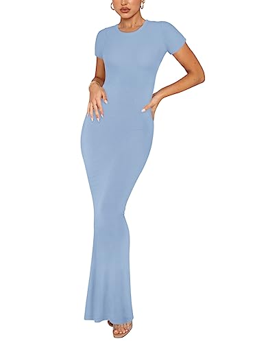 REORIA Damen Sommer Sexy Casual Lounge Langes Kleid Elegant Hochzeitsgast Kurzarm Rundhalsausschnitt Figurbetontes Maxikleid Blau L von REORIA