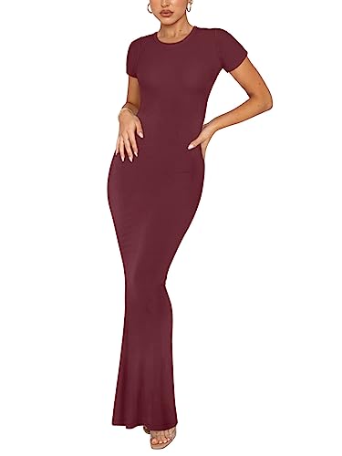 REORIA Damen Sommer Sexy Casual Lounge Langes Kleid Elegant Hochzeitsgast Kurzarm Rundhalsausschnitt Figurbetontes Maxikleid Burgunderrot L von REORIA