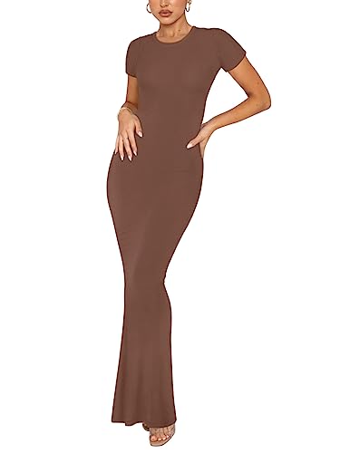 REORIA Damen Sommer Sexy Casual Lounge Langes Kleid Elegant Hochzeitsgast Kurzarm Rundhalsausschnitt Figurbetontes Maxikleid Kaffee L von REORIA