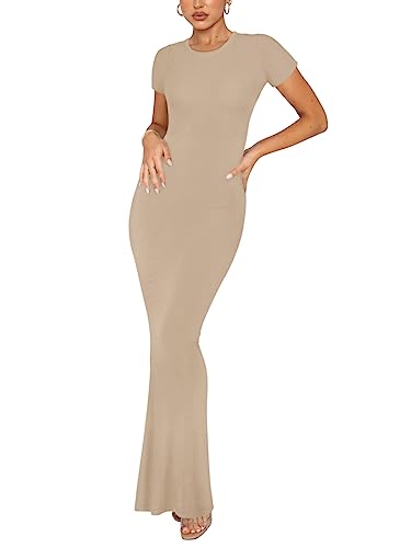 REORIA Damen Sommer Sexy Casual Lounge Langes Kleid Elegant Hochzeitsgast Kurzarm Rundhalsausschnitt Figurbetontes Maxikleid Khaki L von REORIA