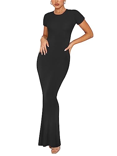 REORIA Damen Sommer Sexy Casual Lounge Langes Kleid Elegant Hochzeitsgast Kurzarm Rundhalsausschnitt Figurbetontes Maxikleid Schwarz L von REORIA