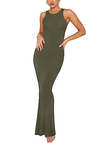 REORIA Damen Sommer Sexy Lounge Tank Langes Kleid Elegant Ärmellos Neckholder Figurbetont Maxikleider Armeegrün L von REORIA