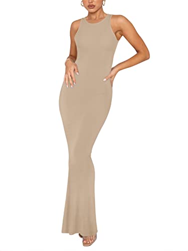 REORIA Damen Sommer Sexy Lounge Tank Langes Kleid Elegant Ärmellos Neckholder Figurbetont Maxikleider Khaki L von REORIA