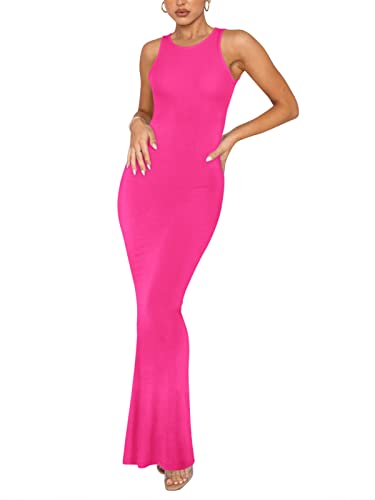 REORIA Damen Sommer Sexy Lounge Tank Langes Kleid Elegant Ärmellos Neckholder Figurbetont Maxikleider Rosa XL von REORIA