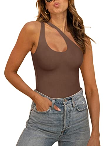 REORIA Damen Sommer Sexy One Shoulder Ausschnitt vorne ärmellos einteilig Tanktops rückenfrei Tanga Bodysuits Trikots zum Ausgehen Kaffee groß von REORIA