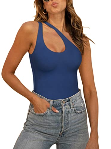 REORIA Damen Sommer Sexy One Shoulder Ausschnitt vorne ärmellos einteilig Tanktops rückenfrei Tanga Bodysuits Trikots zum Ausgehen Übergröße tiefblau X-Large von REORIA