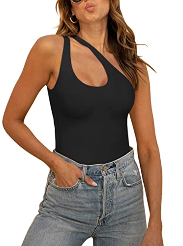 REORIA Damen Sommer Sexy One Shoulder Ausschnitt vorne ärmellos einteilig Tanktops rückenfrei Tanga Bodysuits Trikots zum Ausgehen schwarz Medium von REORIA