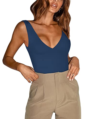 REORIA Damen Sommer Sexy Plunge Tiefer V-Ausschnitt Ärmellos Doppelt gefüttert Einteilig Tanktops Tanga Bodysuits Trikots zum Ausgehen Dunkelblau Klein von REORIA