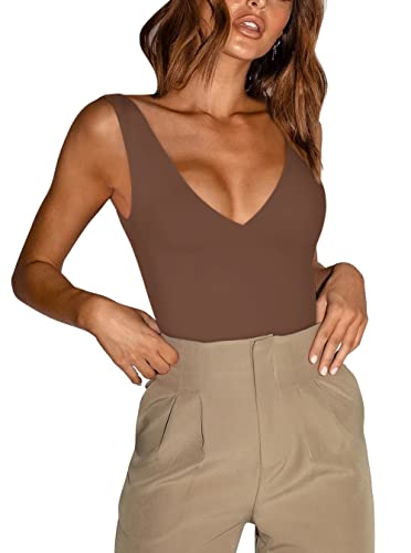 REORIA Damen Sommer Sexy Plunge Tiefer V-Ausschnitt Ärmellos Doppelt gefüttert Einteilig Tanktops Tanga Bodysuits Trikots zum Ausgehen Kaffee Plus Größe 2XLarge von REORIA