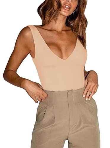 REORIA Damen Sommer Sexy Plunge Tiefer V-Ausschnitt Ärmellos Doppelt gefüttert Einteilig Tanktops Tanga Bodysuits Trikots zum Ausgehen Nude Medium von REORIA