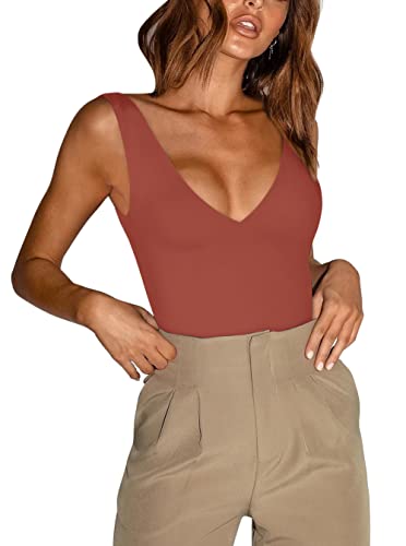 REORIA Damen Sommer Sexy Plunge Tiefer V-Ausschnitt Ärmellos Doppelt gefüttert Einteilig Tanktops Tanga Bodysuits Trikots zum Ausgehen Rostrot Klein von REORIA