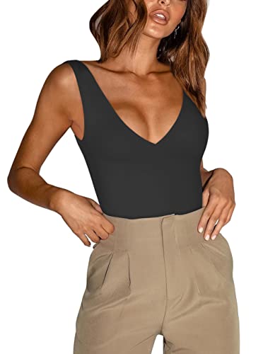 REORIA Damen Sommer Sexy Plunge Tiefer V-Ausschnitt Ärmellos Doppelt gefüttert Einteilig Tanktops Tanga Bodysuits Trikots zum Ausgehen Schwarz Groß von REORIA