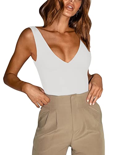 REORIA Damen Sommer Sexy Plunge Tiefer V-Ausschnitt Ärmellos Doppelt gefüttert Einteilig Tanktops Tanga Bodysuits Trikots zum Ausgehen Weiß Groß von REORIA